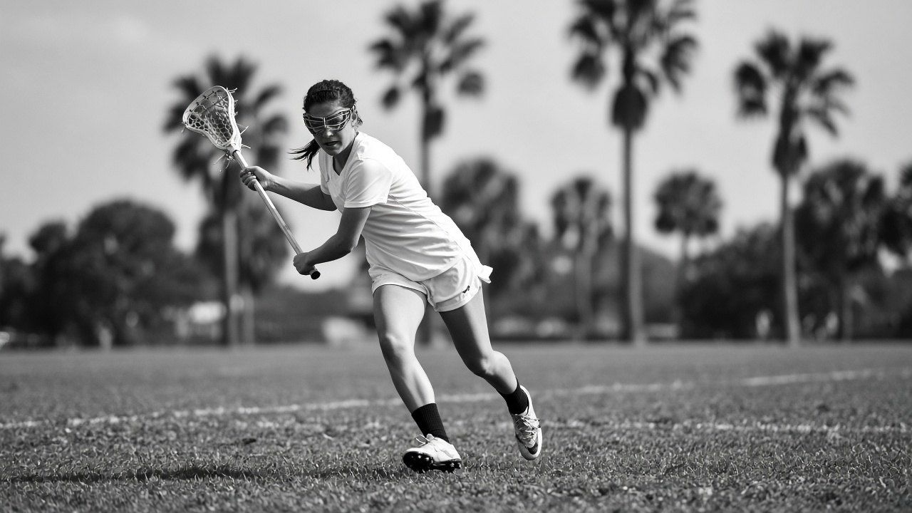 Black and white photo of a girls lacrosse player sprinting with the ball on a palm-lined field.
