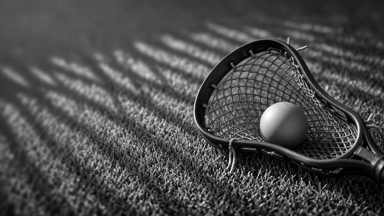 Black and white still life of a lacrosse stick head and ball resting on turf with palm shadows.