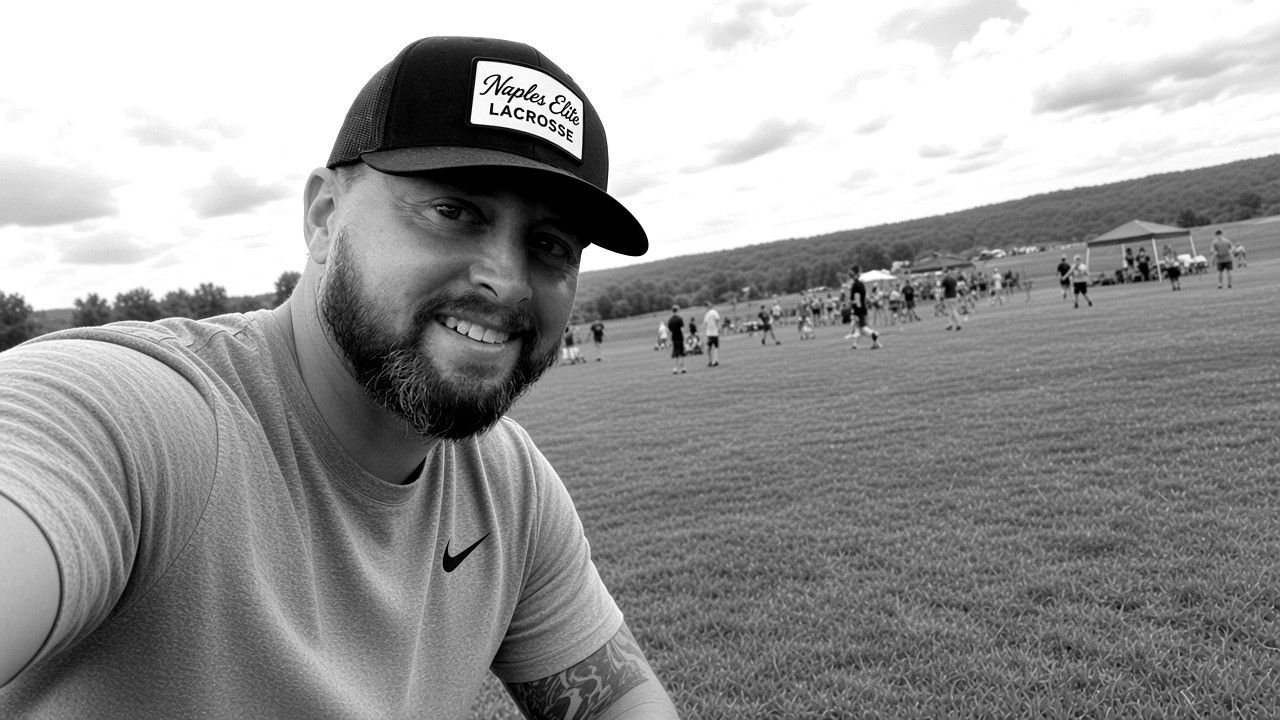 Coach Philip Mascolo smiling in a Naples Elite Lacrosse cap on a grass field, with players and tents in the distance, in black and white.